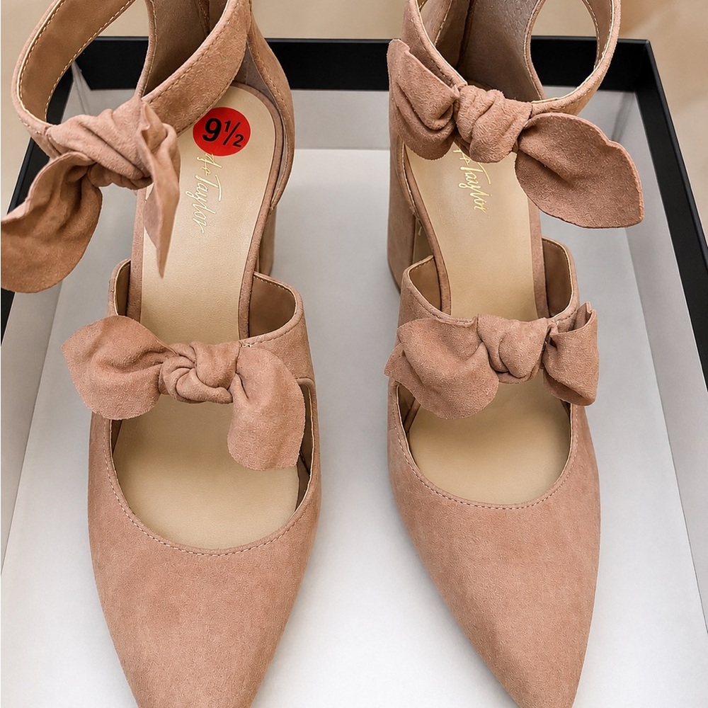 Lord & Taylor Dusty Rose Suede Pointed-Toe Bow Ankle-Strap Heels